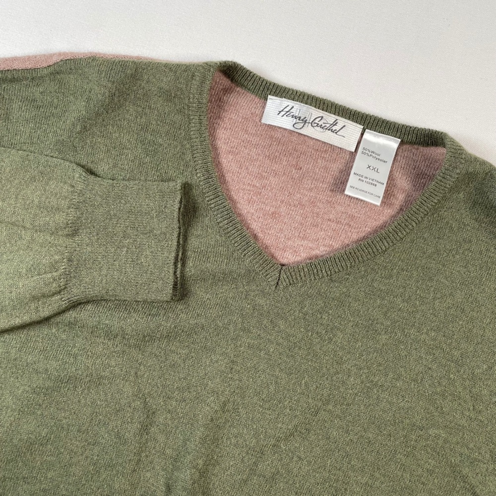 Henry Grethel XXL V-Neck Sweater Wool Blend Olive Green and Tan‎ Accents
